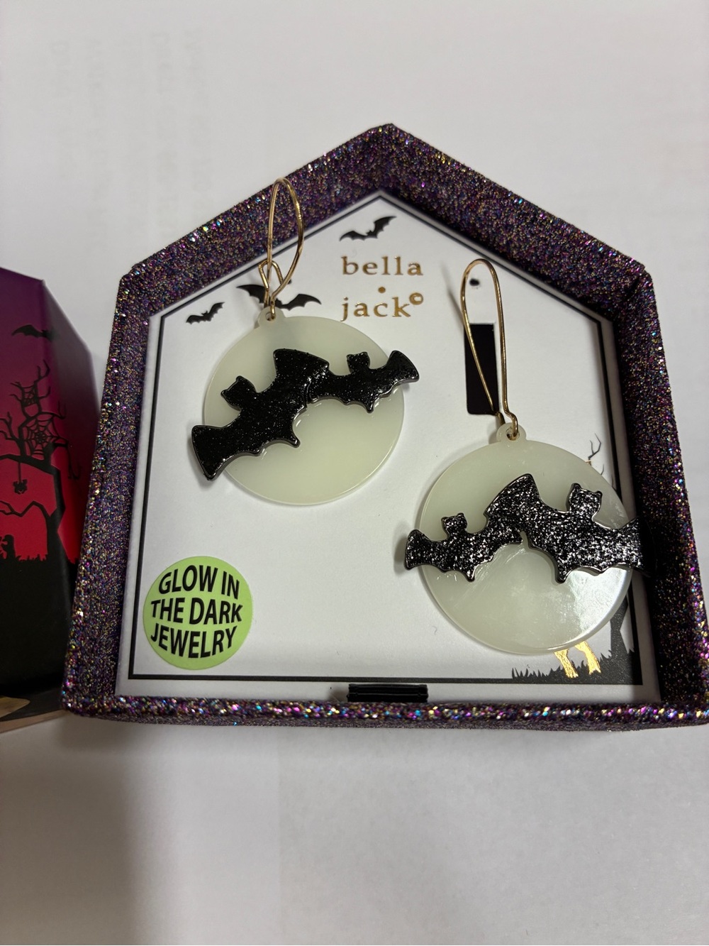 Bella Jack Glow-in-the-Dark Bat Drop Earrings — Black on Cream